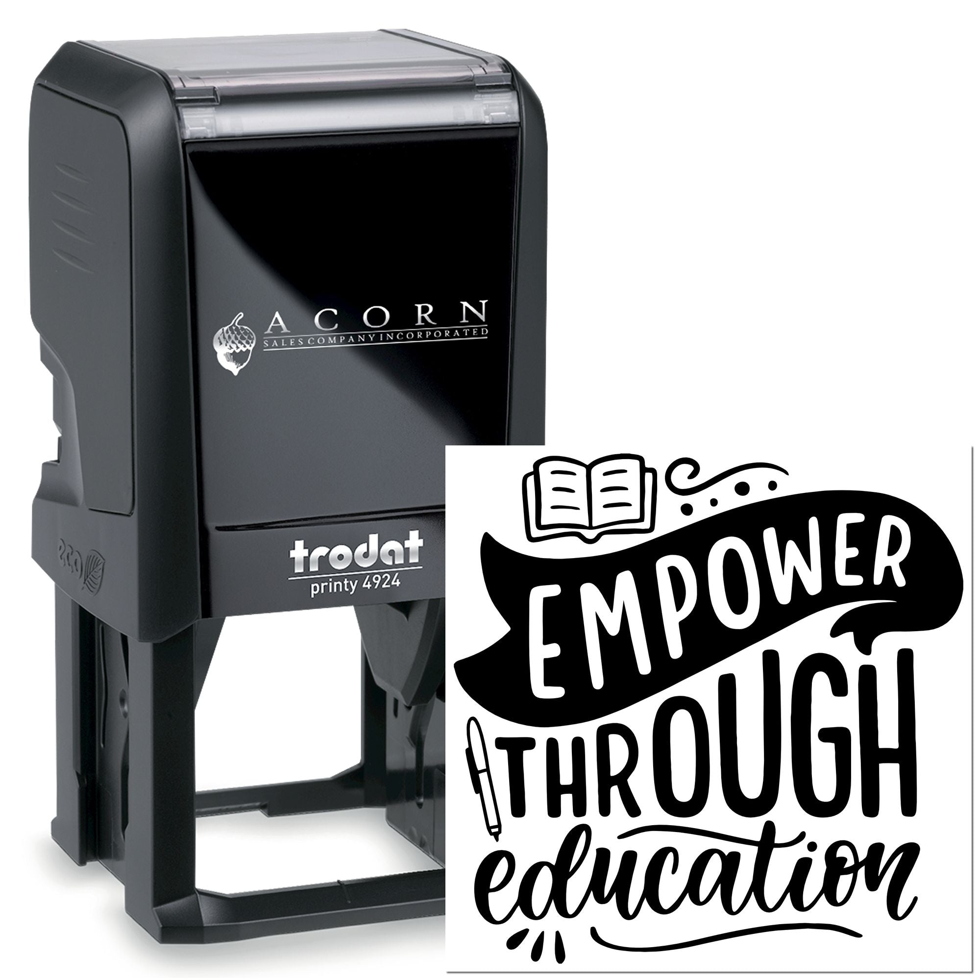 Custom self-inking rubber stamp by Trodat Printy 4924 featuring Empower Through Education design for educators and schools.
