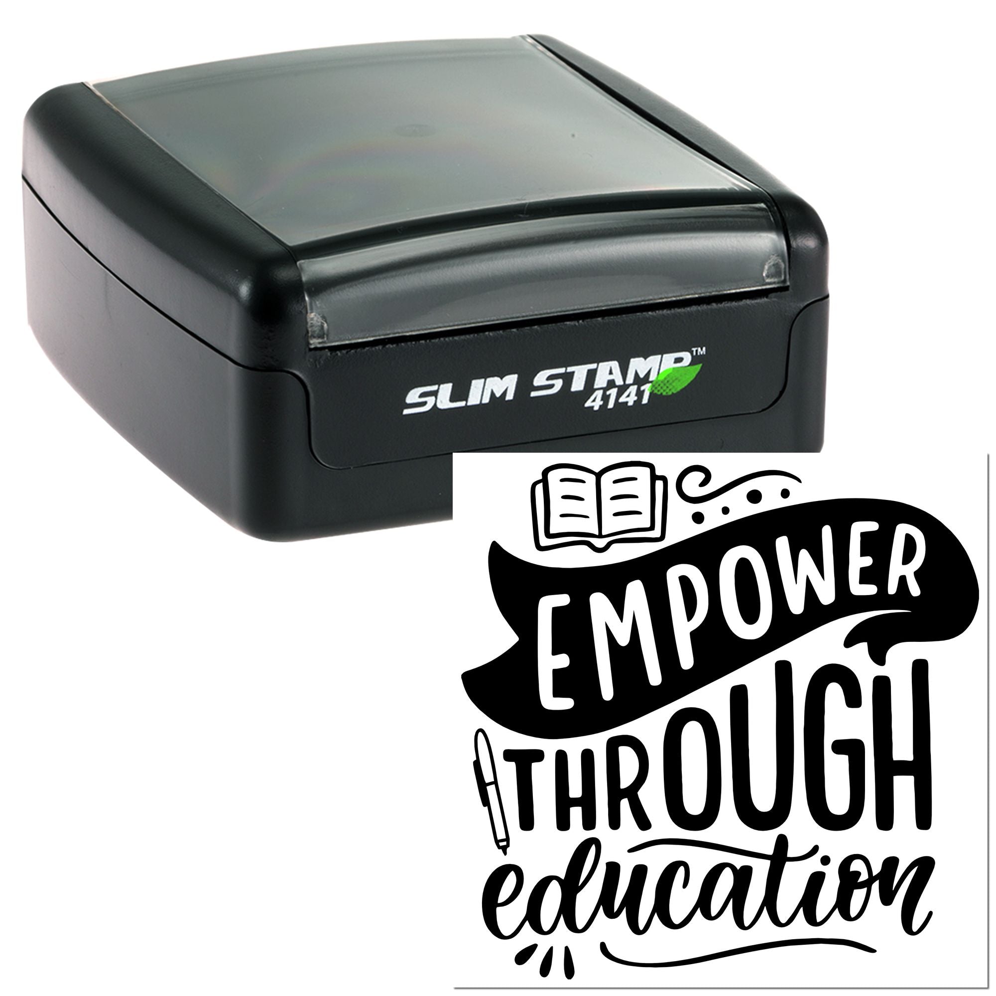 Custom self-inking rubber stamp with Empower Through Education design for teachers, schools, and classroom branding.