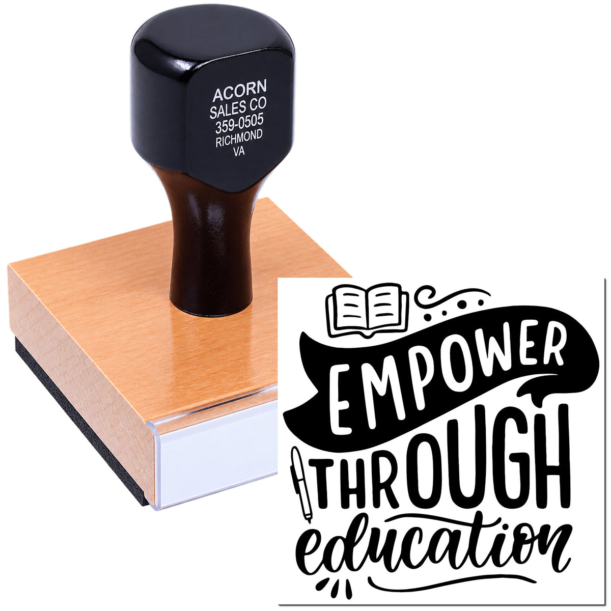 Custom rubber stamp with Empower Through Education imprint for education-themed branding and classroom materials.