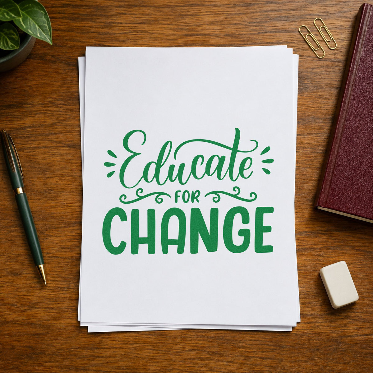 Educate For Change craft stamp imprint in green ink on a handmade project, one idea being module sheet pages.