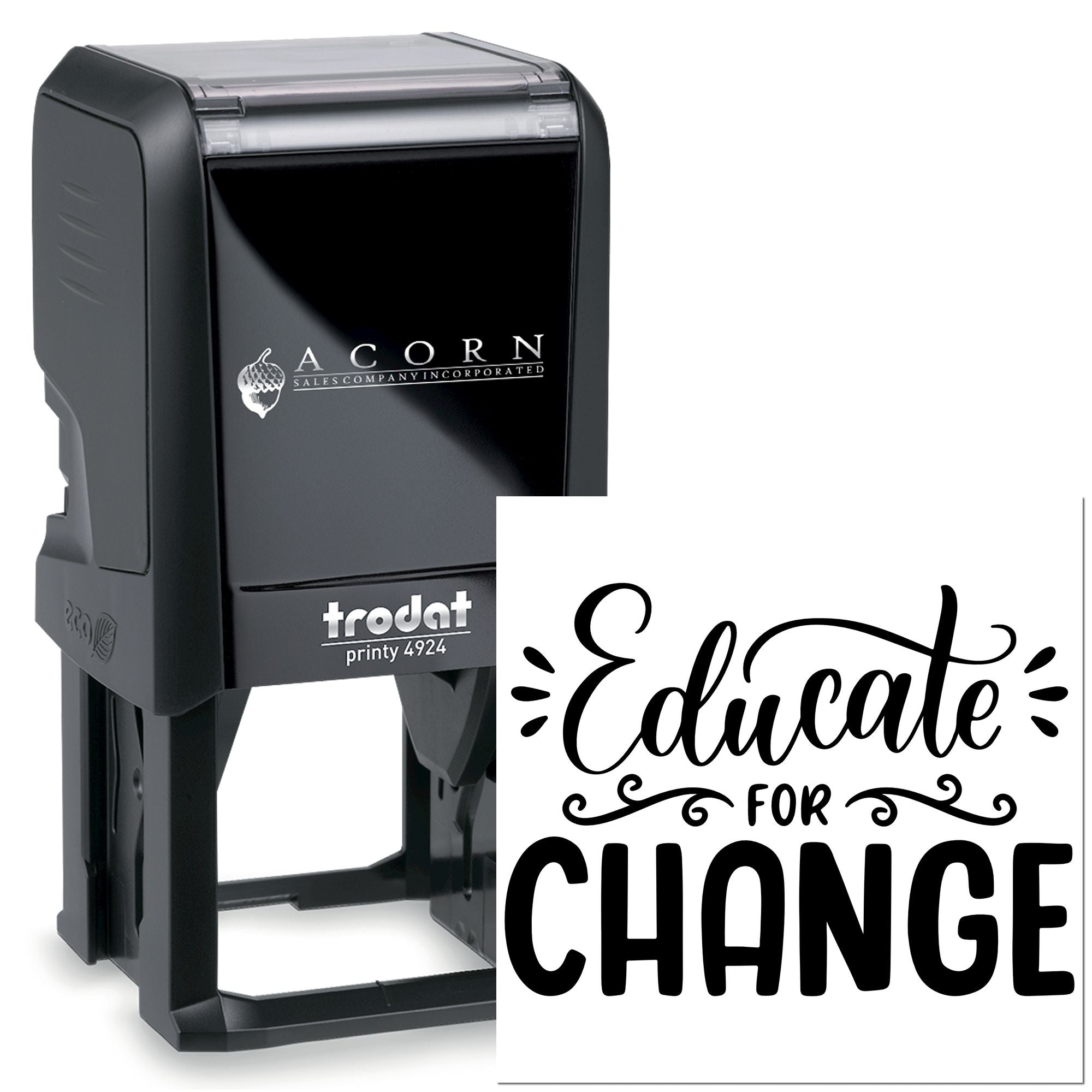 Custom self-inking rubber stamp with Educate for Change design, Trodat Printy 4924 style for teacher branding.
