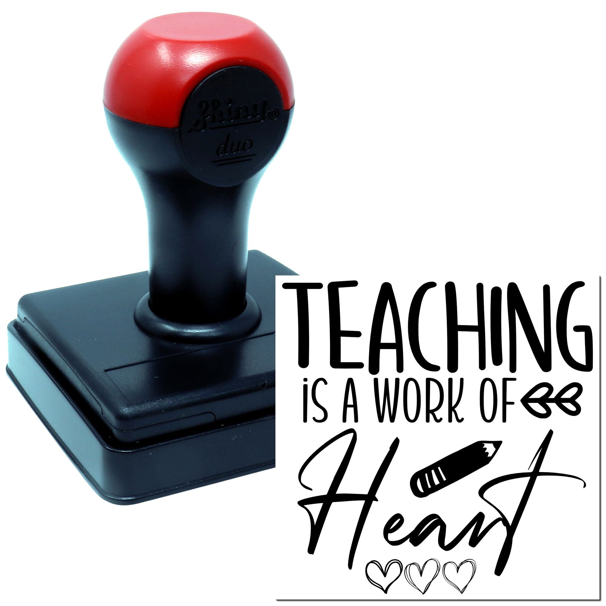 Self-inking rubber teacher stamp with Teaching Is a Work of Heart design for classroom grading and appreciation.