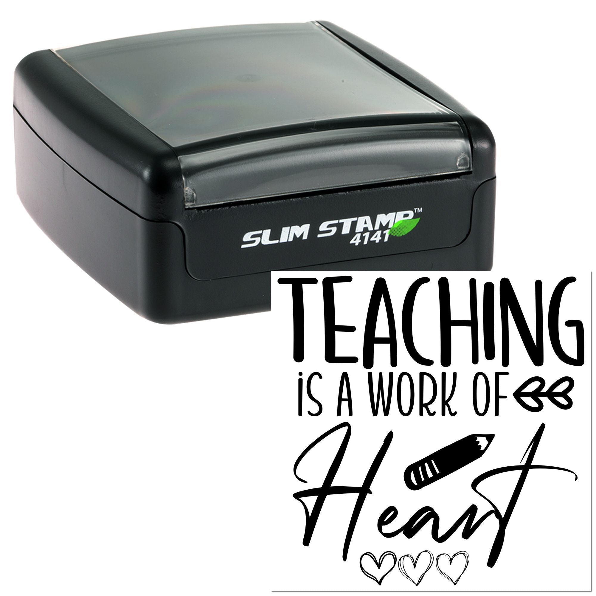 Teacher self-inking rubber stamp with Teaching is a work of heart design for classrooms and handmade teacher gifts.