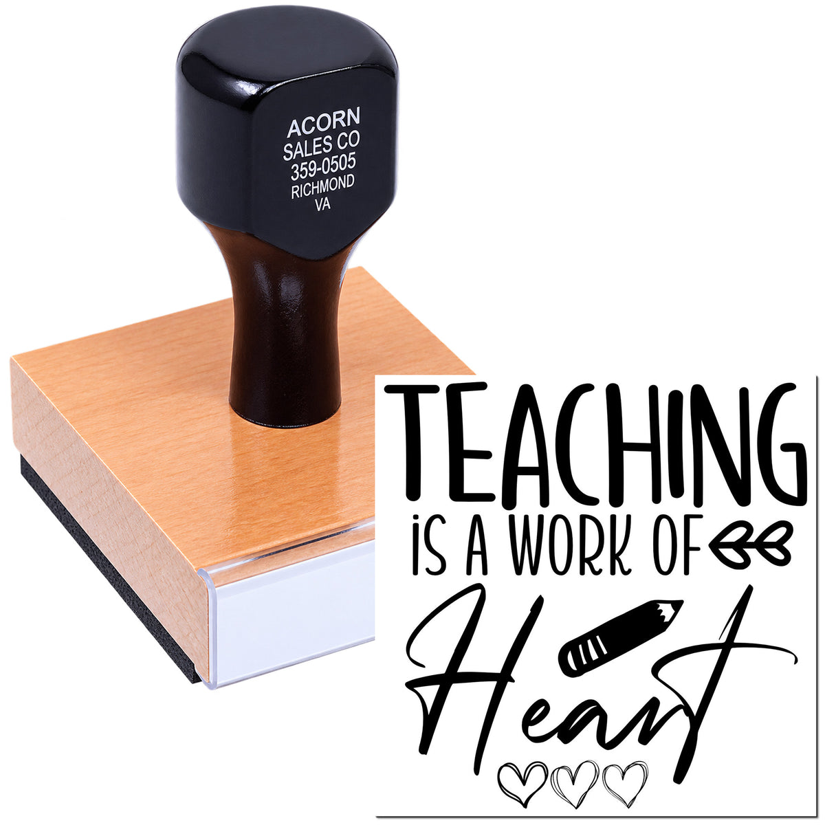 Teacher rubber stamp reading Teaching is a work of heart, ideal for classroom use, notes, and teacher appreciation gifts.
