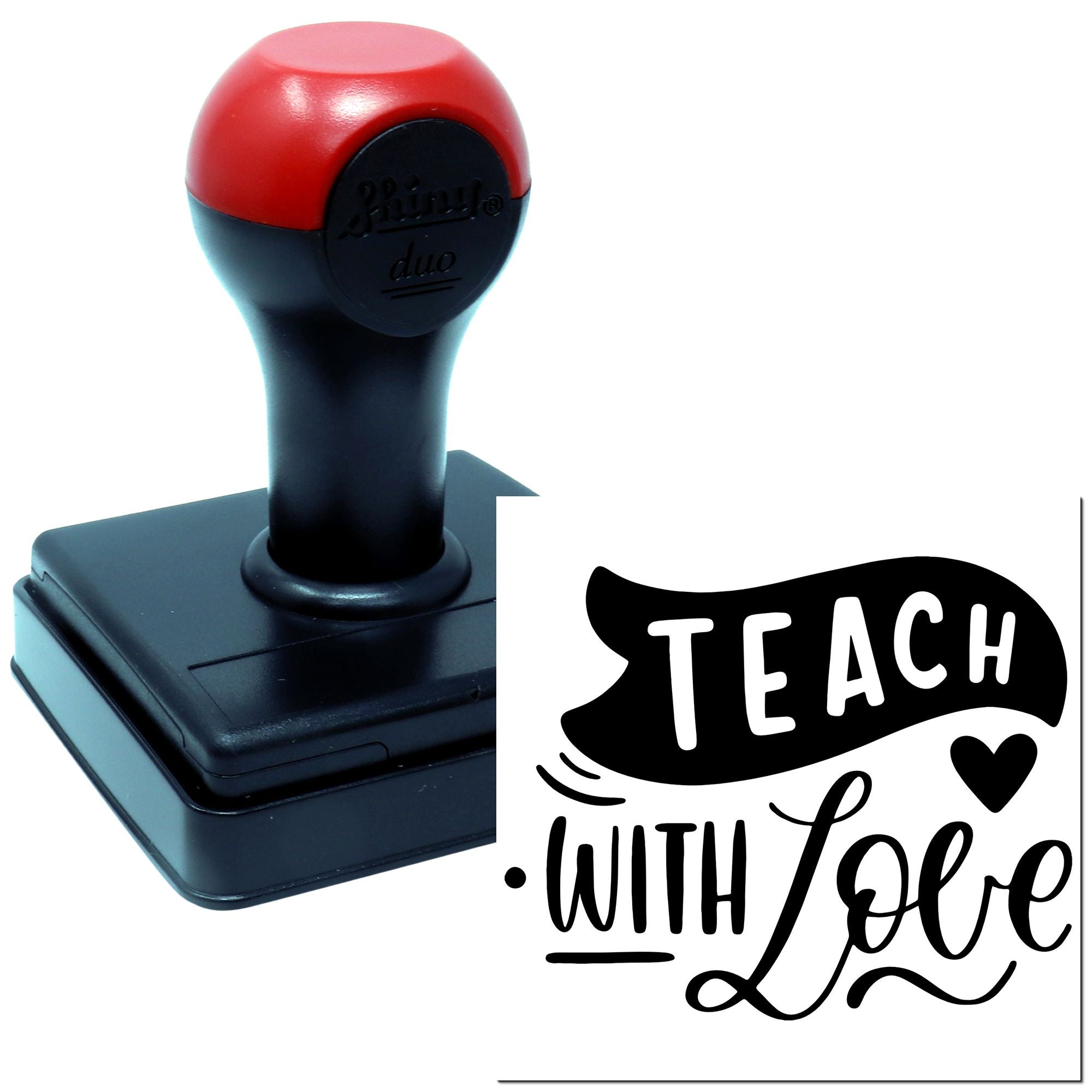 Self-inking teacher rubber stamp with Teach with Love design for classroom papers, grading, and educator gifts.