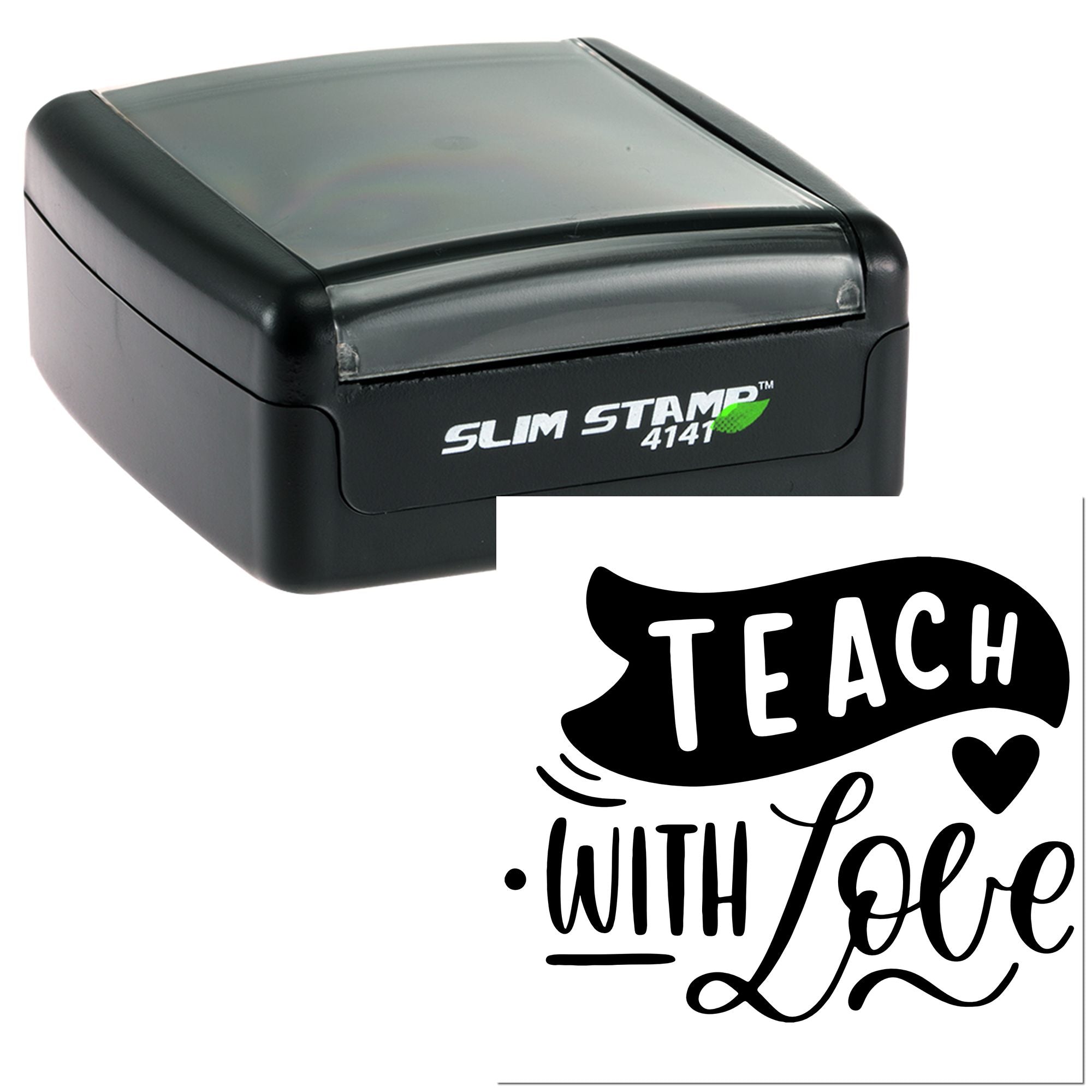Self-inking teacher rubber stamp with Teach With Love design for classroom grading, notes, and educator use.