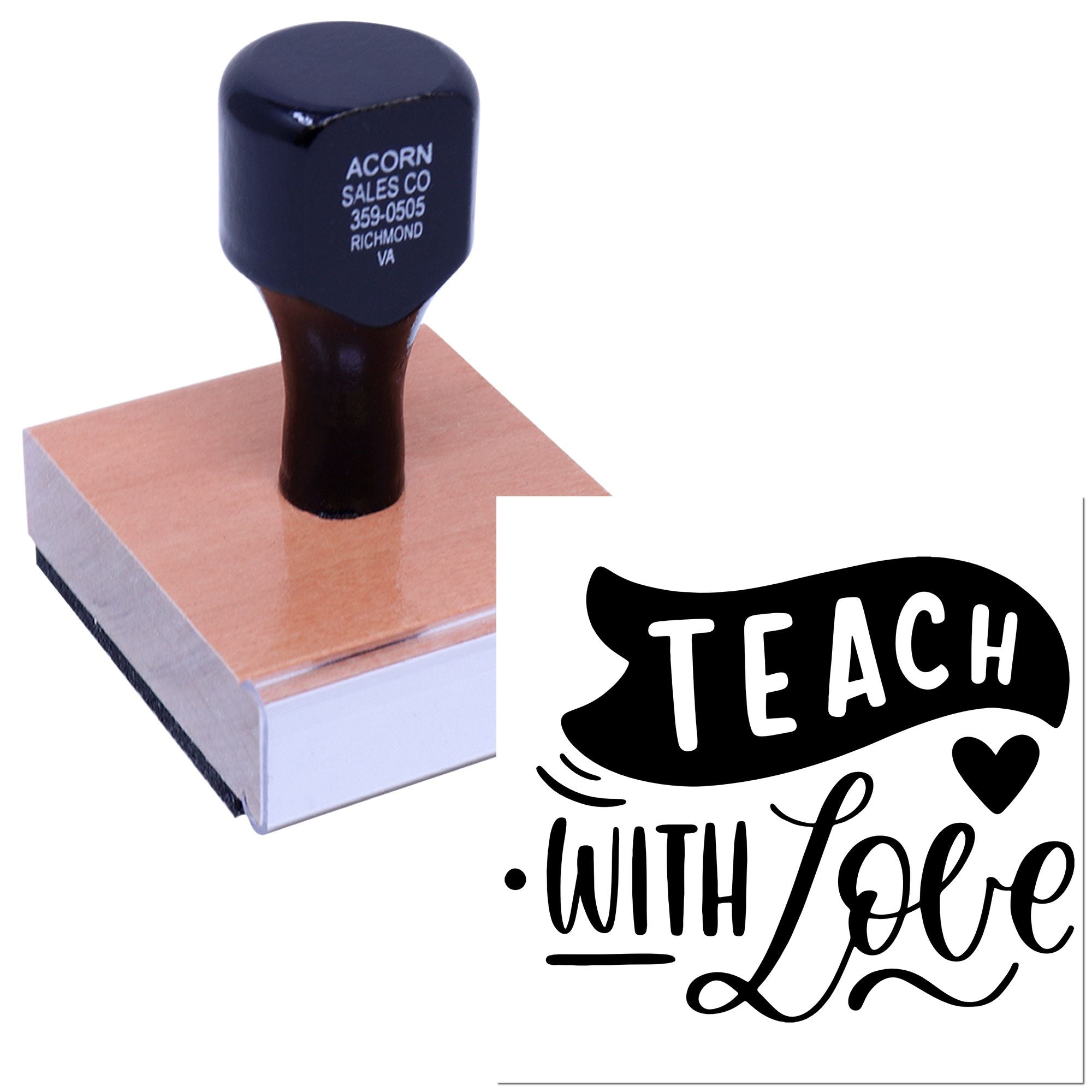 Custom teacher rubber stamp with Teach With Love design for classroom crafts, grading, and student rewards.