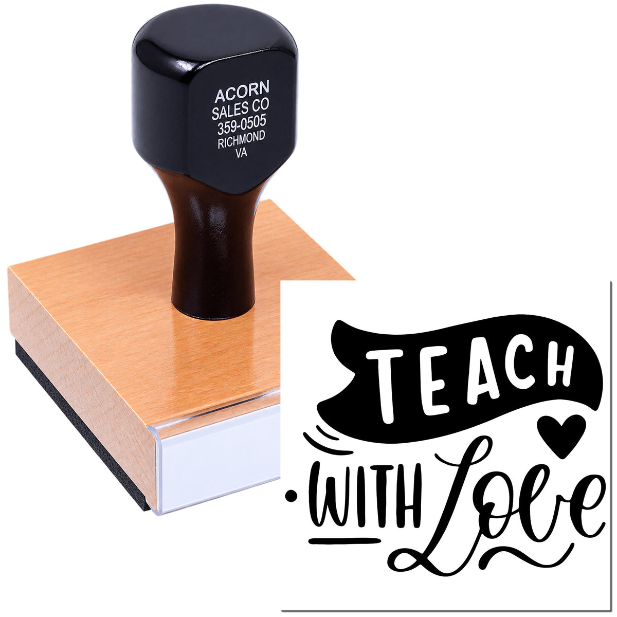 Custom teacher rubber stamp with Teach With Love design for classroom crafts, grading, and student rewards.