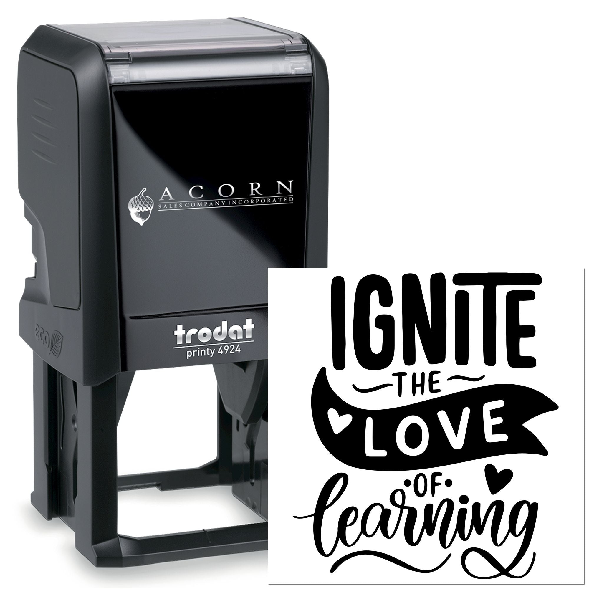 Custom self-inking rubber stamp reading Ignite the Love of Learning for teachers, classrooms, and educational branding.