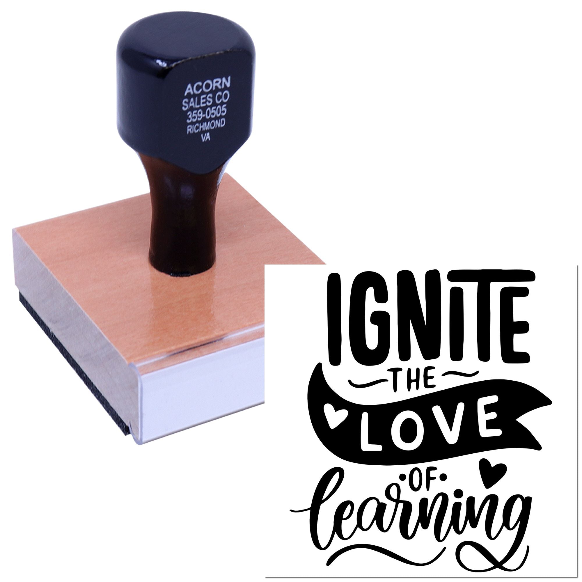 Custom rubber stamp with Ignite the Love of Learning design for teachers, classrooms, and motivational paper crafting.