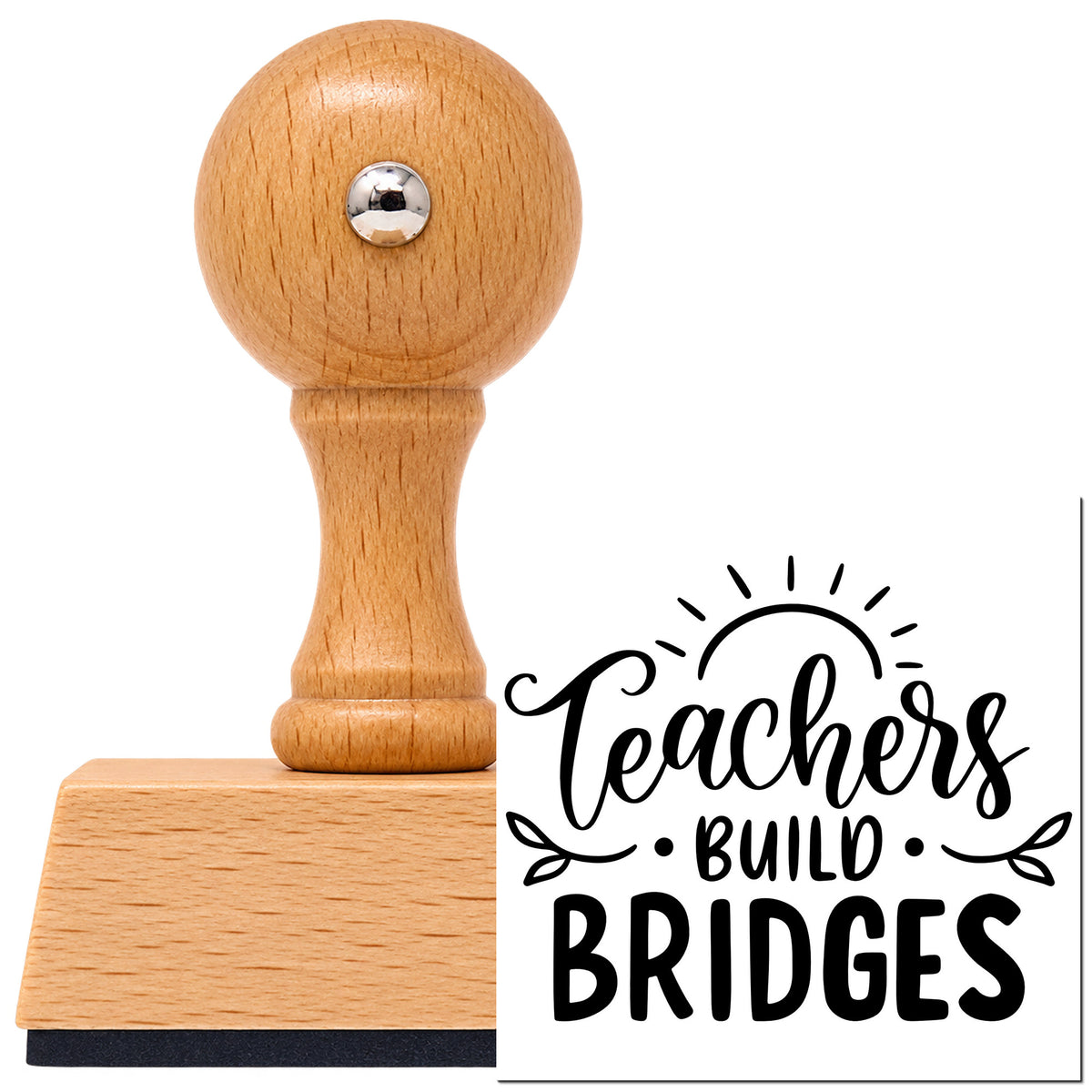 Teachers Build Bridges Vintage Pro rubber stamp in European beech wood with a round knob handle, shown beside its black imprint.