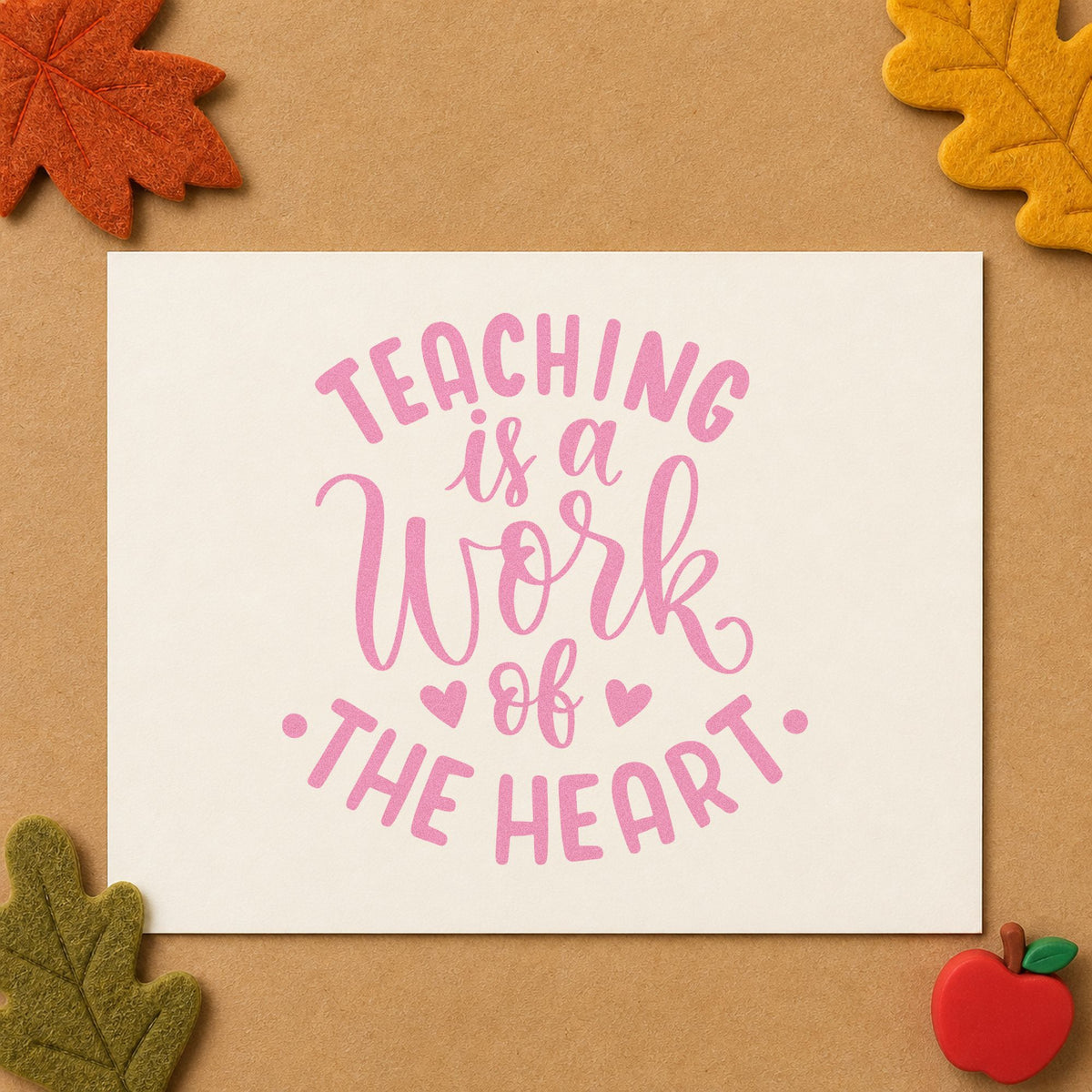 Teaching Work Of The Heart craft stamp in purple ink on cardstock, an easy option for arch display tags.