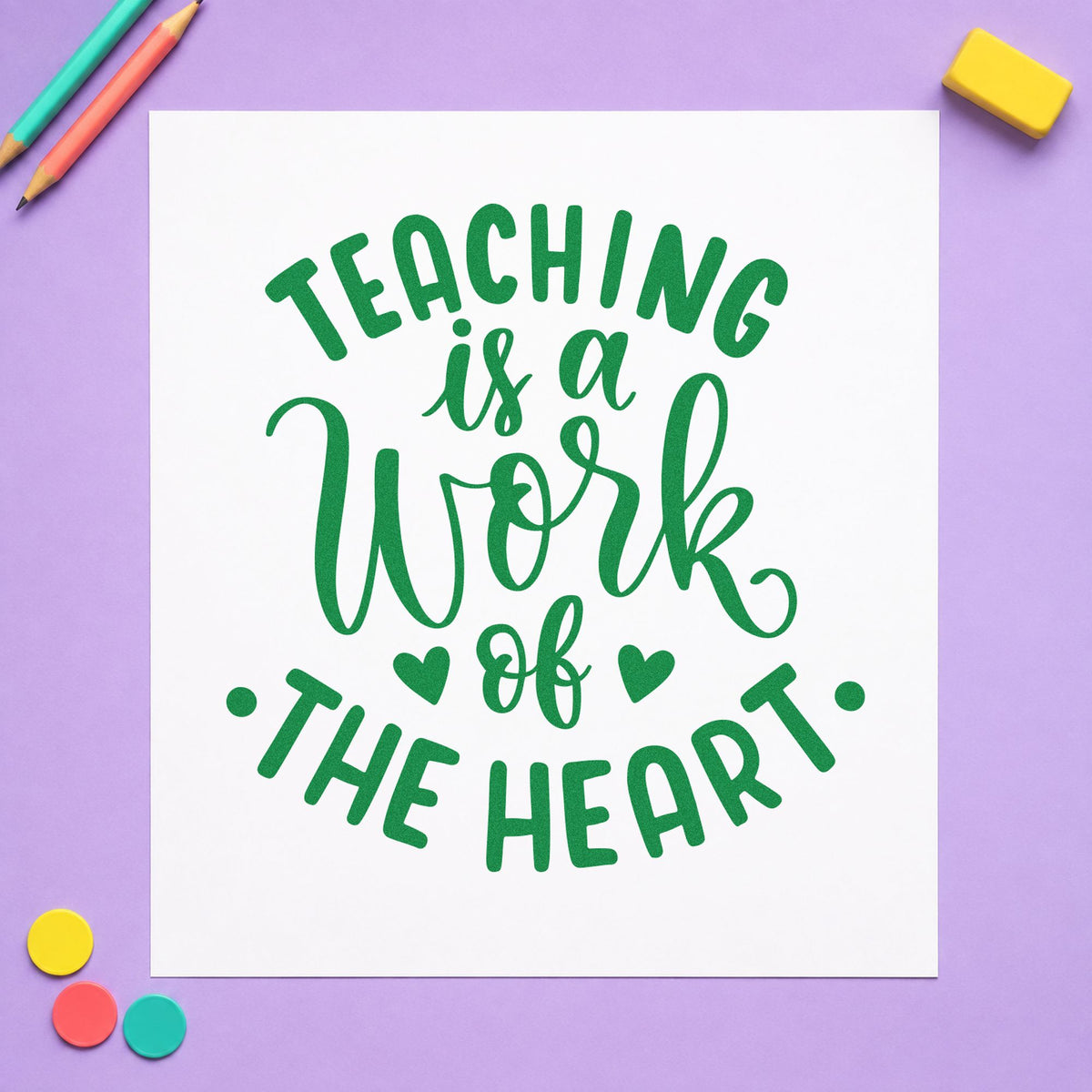 Teaching Work Of The Heart craft stamp imprint in green ink on a handmade project, one idea being curved header pages.