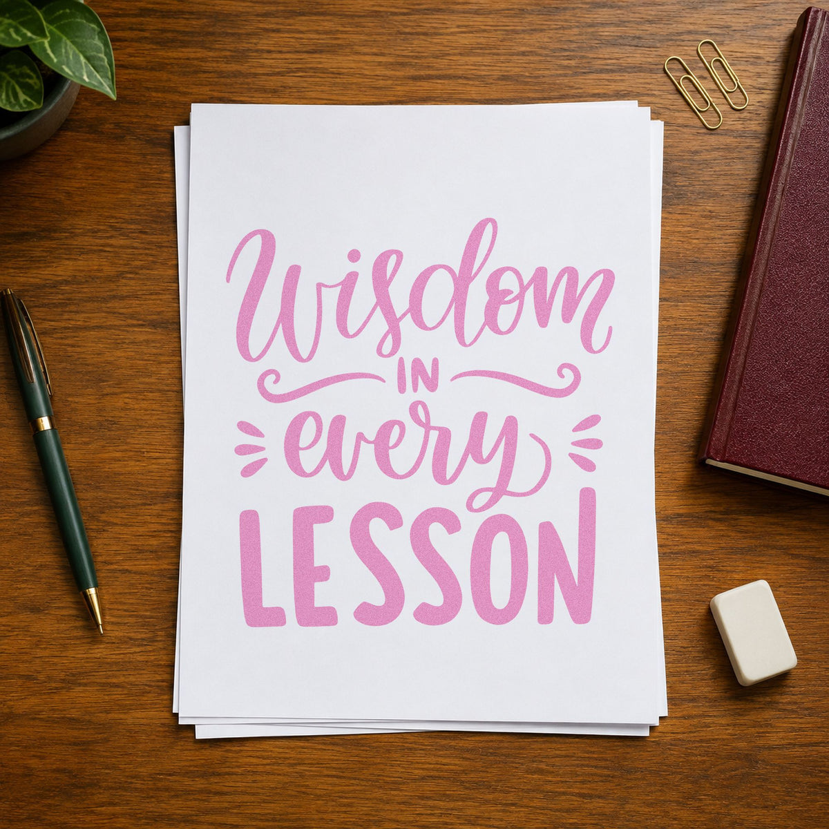 Wisdom In Every Lesson craft stamp in purple ink on cardstock, an easy option for scheme folder tags.