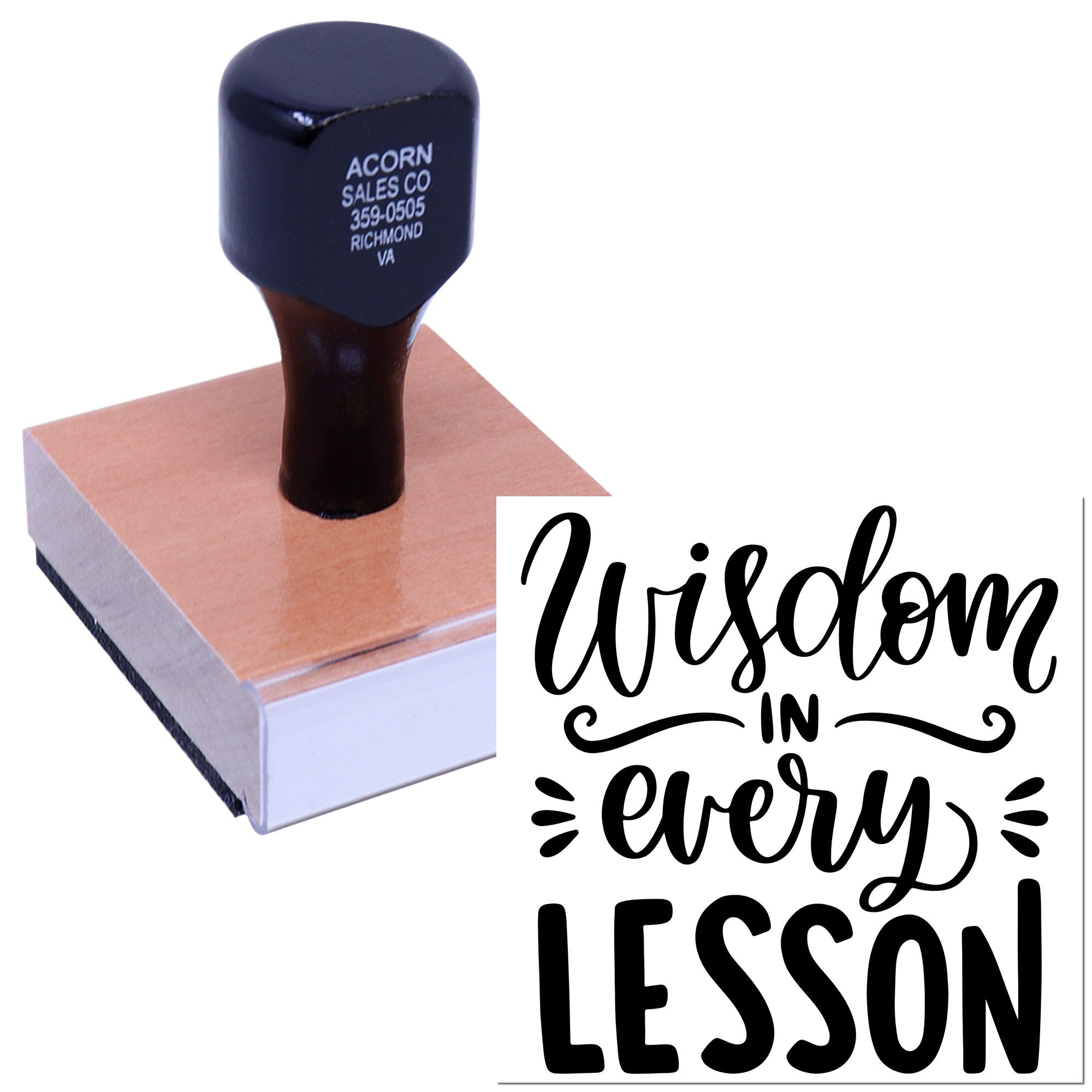 Custom rubber stamp with Wisdom in Every Lesson design, ideal for teacher gifts, classroom use, and inspirational stamping.
