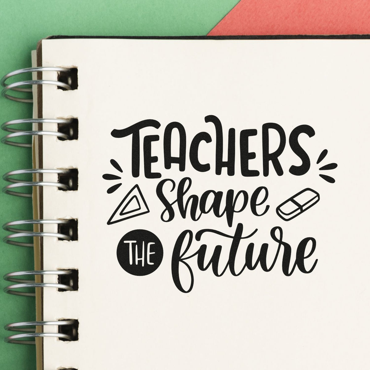 Teachers Shape The Future Stamp - Premium Vintage Pro Wooden imprint stamped in black ink. "Teachers Shape the Future" appears with a triangular ruler and an eraser.