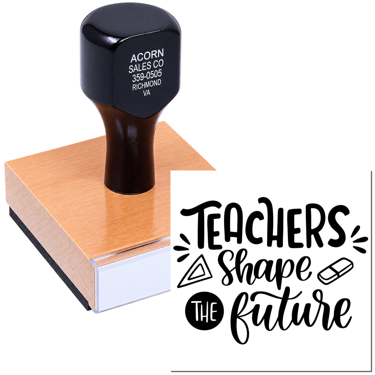 Teacher rubber stamp with Teachers Shape the Future design for classroom awards, education projects, and teacher appreciation.