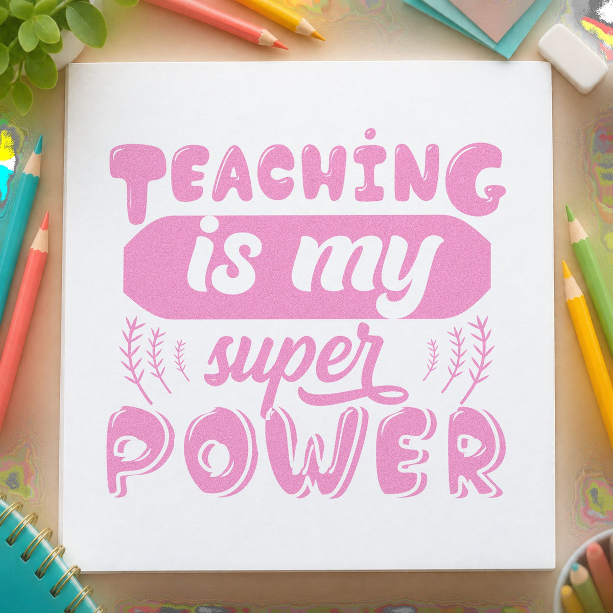 Teaching Is My Super Power craft stamp in purple ink on cardstock, an easy option for outdoor kit tags.