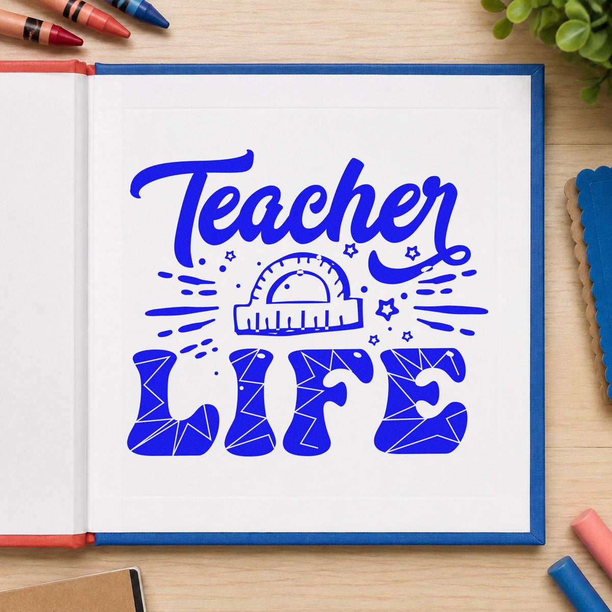 Teacher Life Geometry Pattern craft stamp in blue ink on cardstock, an easy option for compass case panels.
