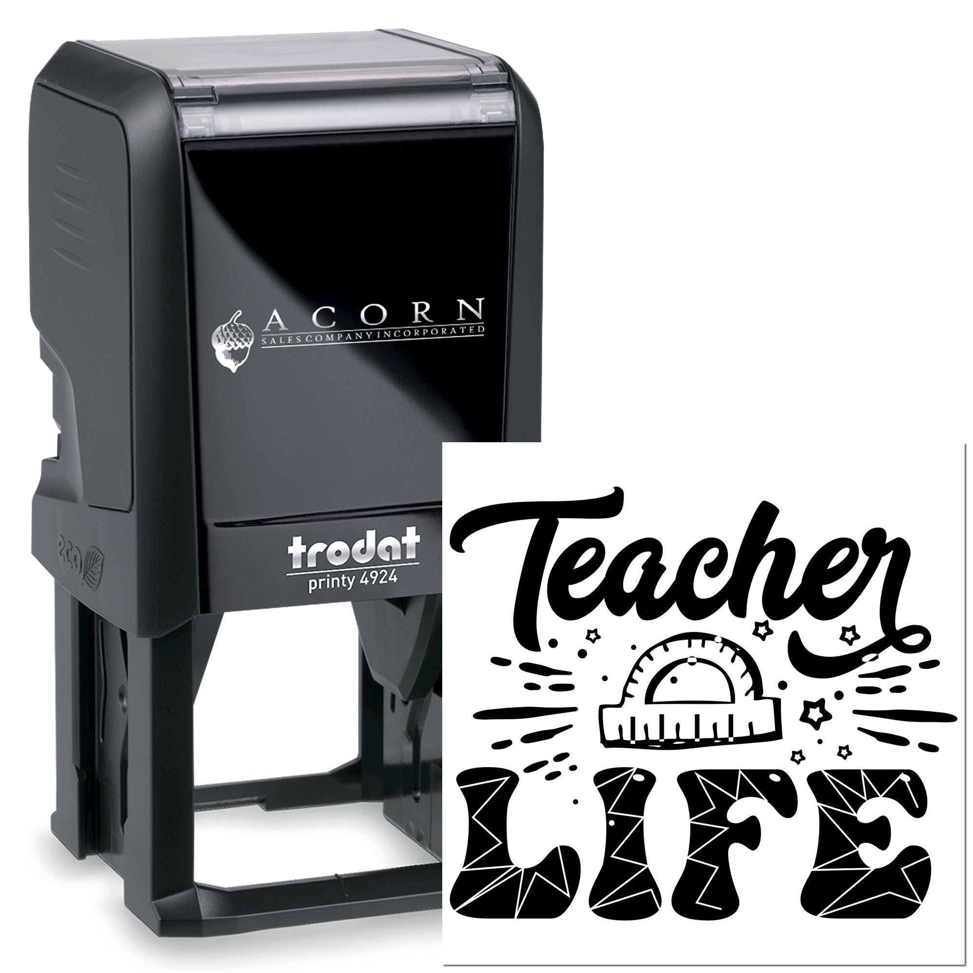Custom teacher rubber stamp, self-inking Trodat Printy 4924, ideal for classroom grading and educator branding.