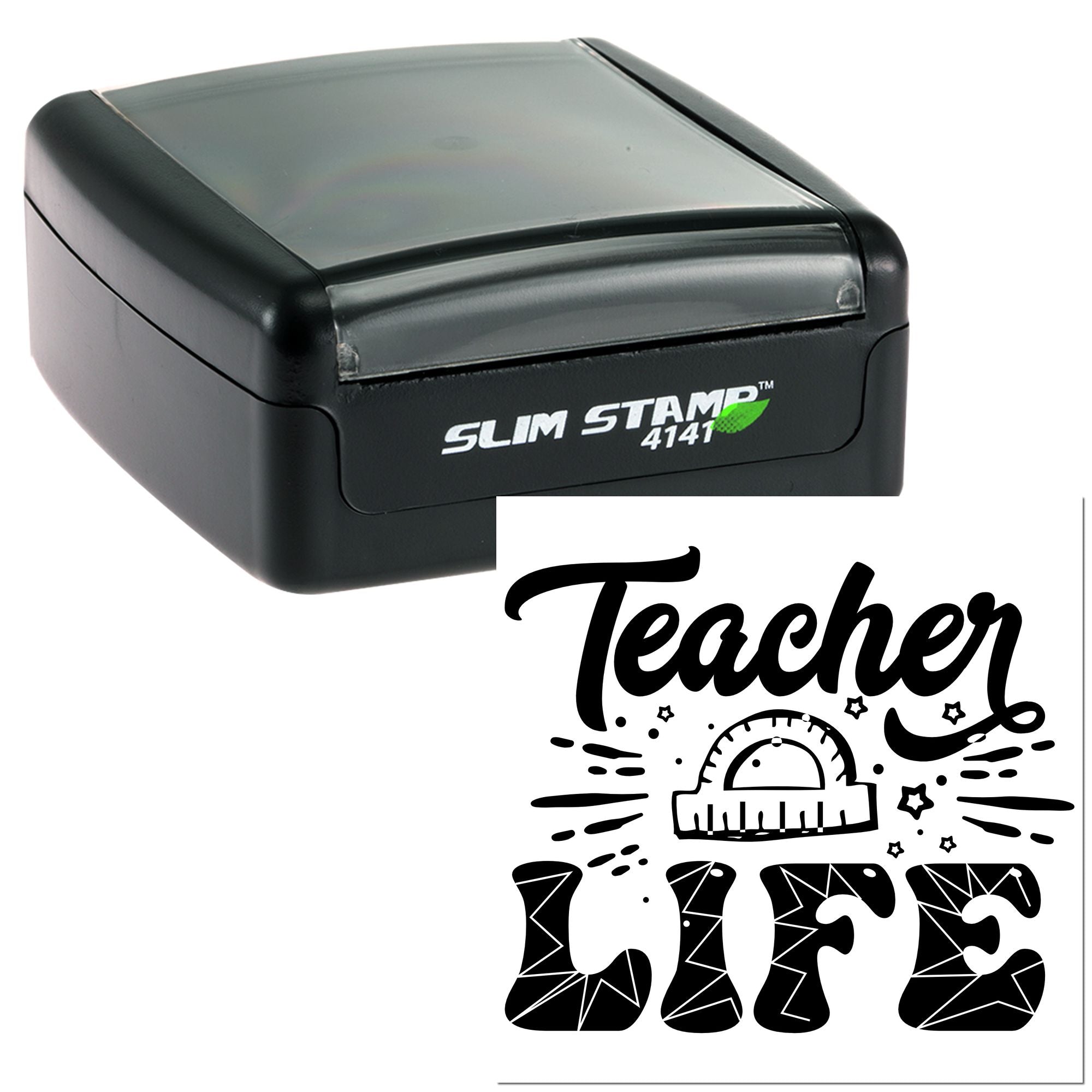 Self-inking rubber stamp with Teacher Life design, ideal for classroom grading, notes, and teacher supplies.