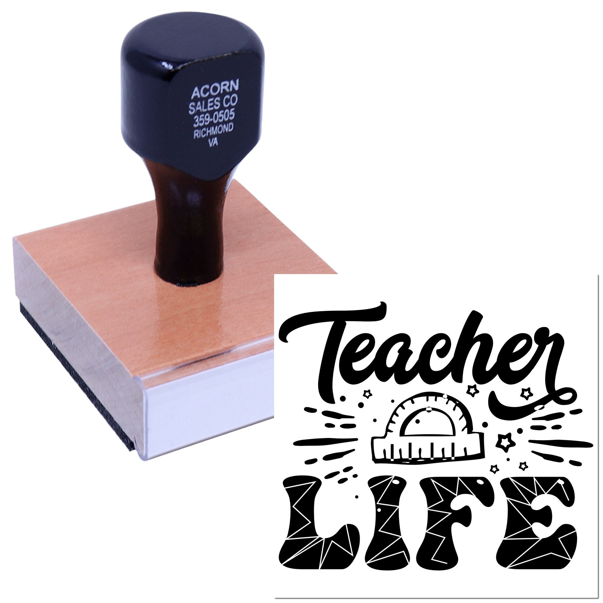 Teacher Life rubber stamp on wooden handle for classroom grading, lesson planning, and educator rewards.
