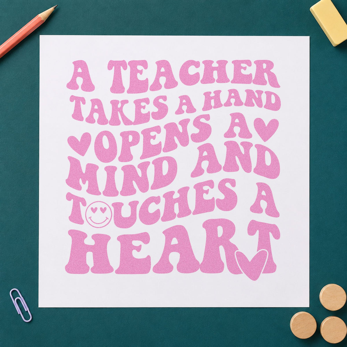 Teacher Takes Hand Touches Heart craft stamp in purple ink on cardstock, an easy option for buddy pair tags.