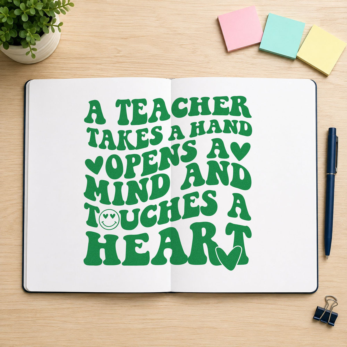Teacher Takes Hand Touches Heart craft stamp imprint in green ink on a handmade project, one idea being peer support pages.