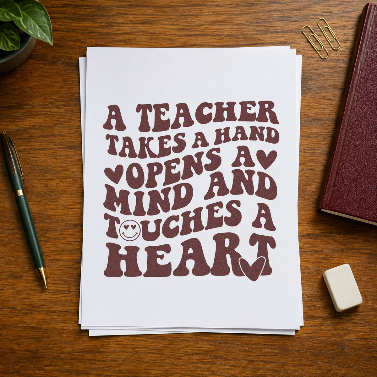 Teacher Takes Hand Touches Heart rubber stamp printed in brown ink, ready for reward pot labels and similar paper crafts.