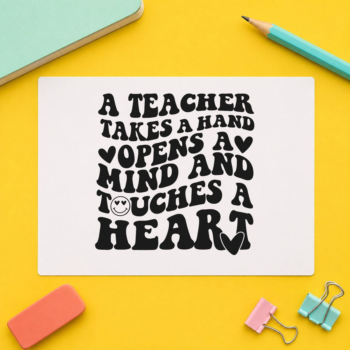 Teacher Takes Hand Touches Heart rubber stamp printed in black ink, ready for hearts smiley cards and similar paper crafts.