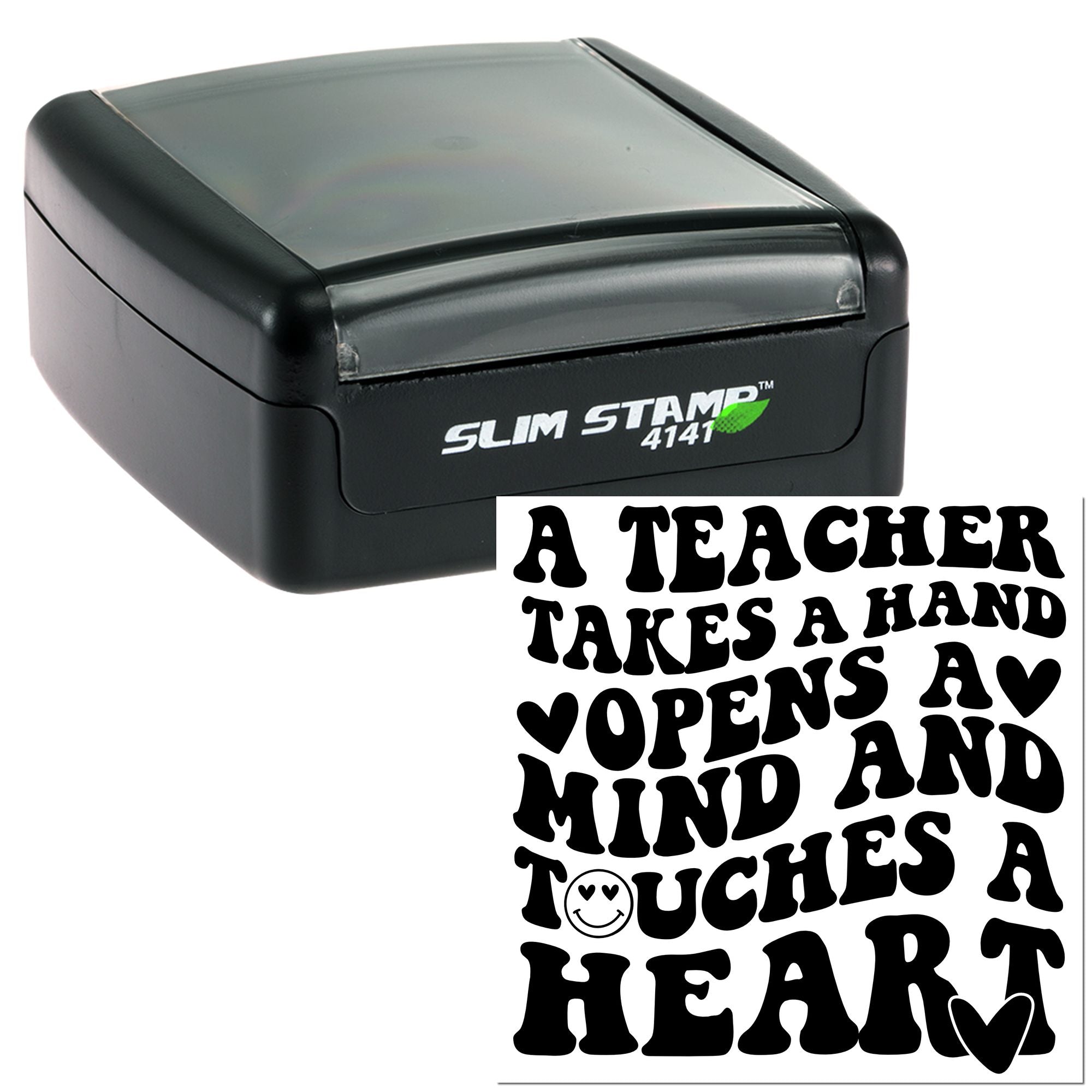 Self-inking teacher rubber stamp with inspirational quote, A Teacher Takes a Hand, for classroom paperwork and gifts.