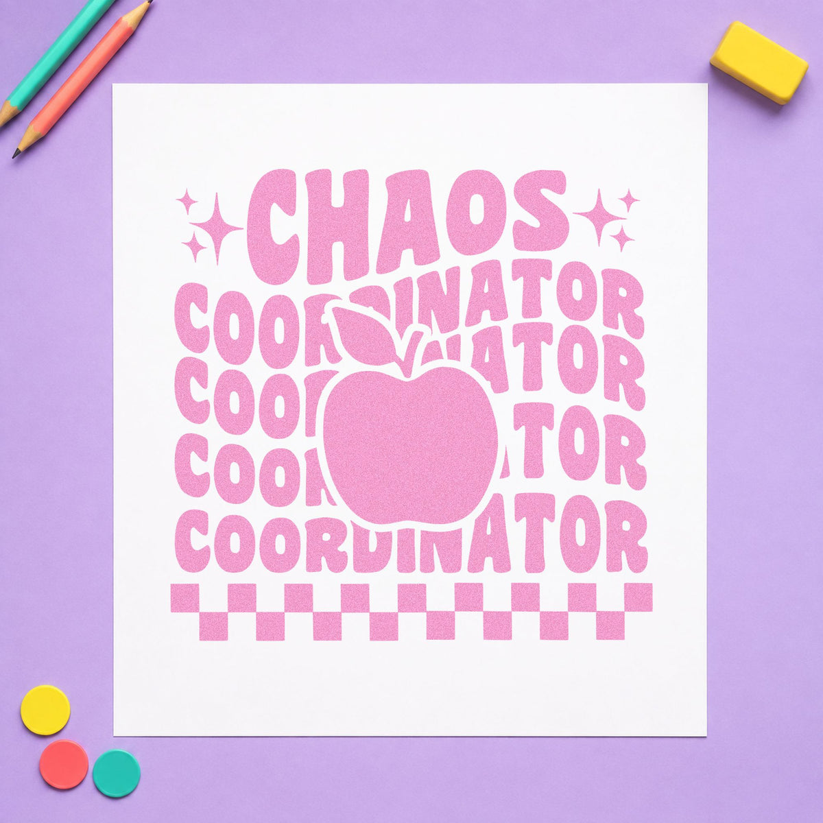 Chaos Coordinator Apple Repeat craft stamp in purple ink on cardstock, an easy option for wet play tags.