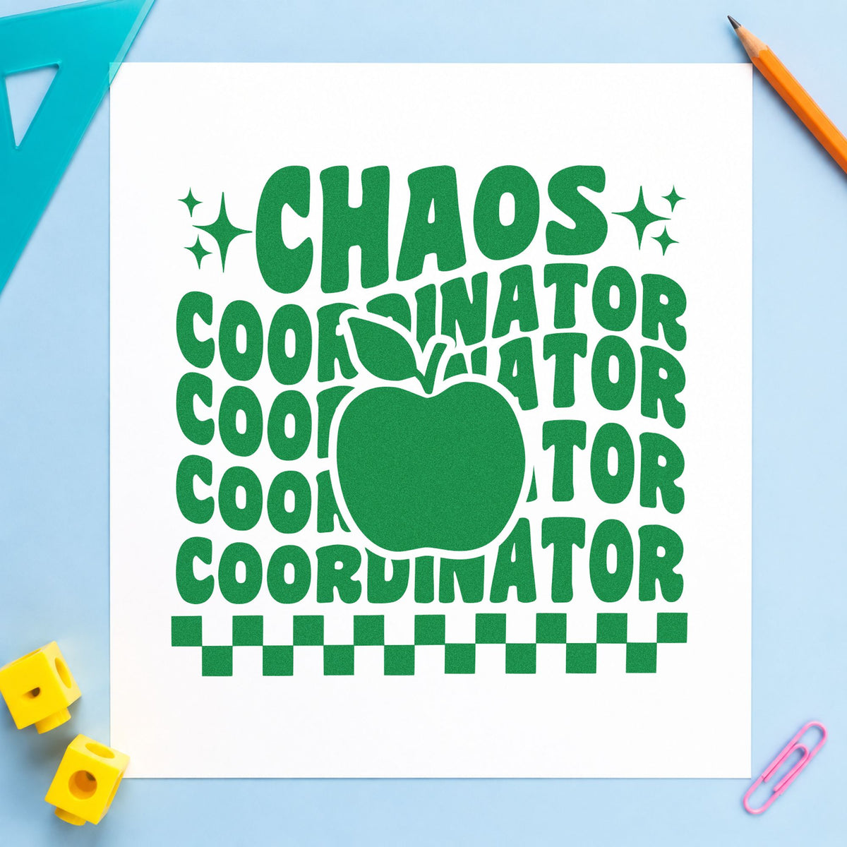 Chaos Coordinator Apple Repeat craft stamp imprint in green ink on a handmade project, one idea being cover grid pages.