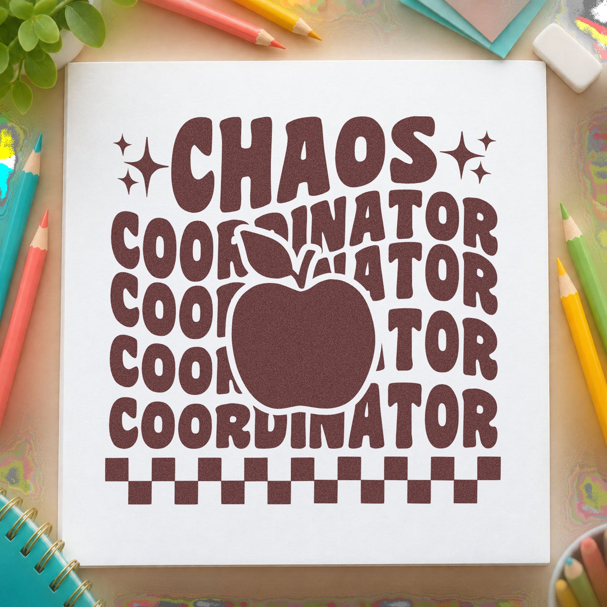 Chaos Coordinator Apple Repeat rubber stamp printed in brown ink, ready for trolley bin labels and similar paper crafts.