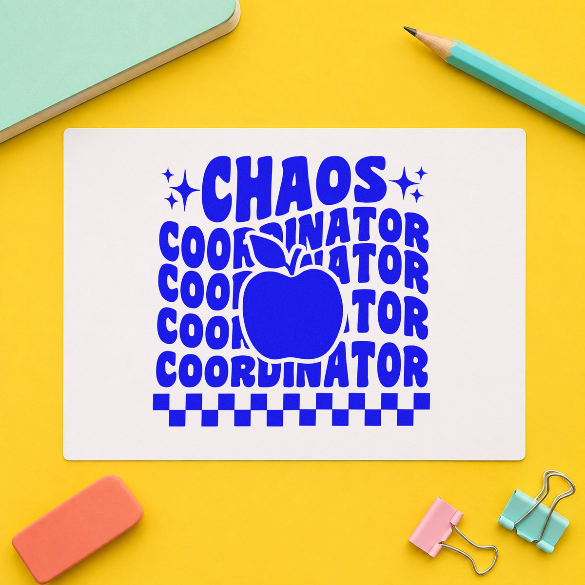 Chaos Coordinator Apple Repeat craft stamp imprinted in blue ink on paper, a design suited to incident pad seals.
