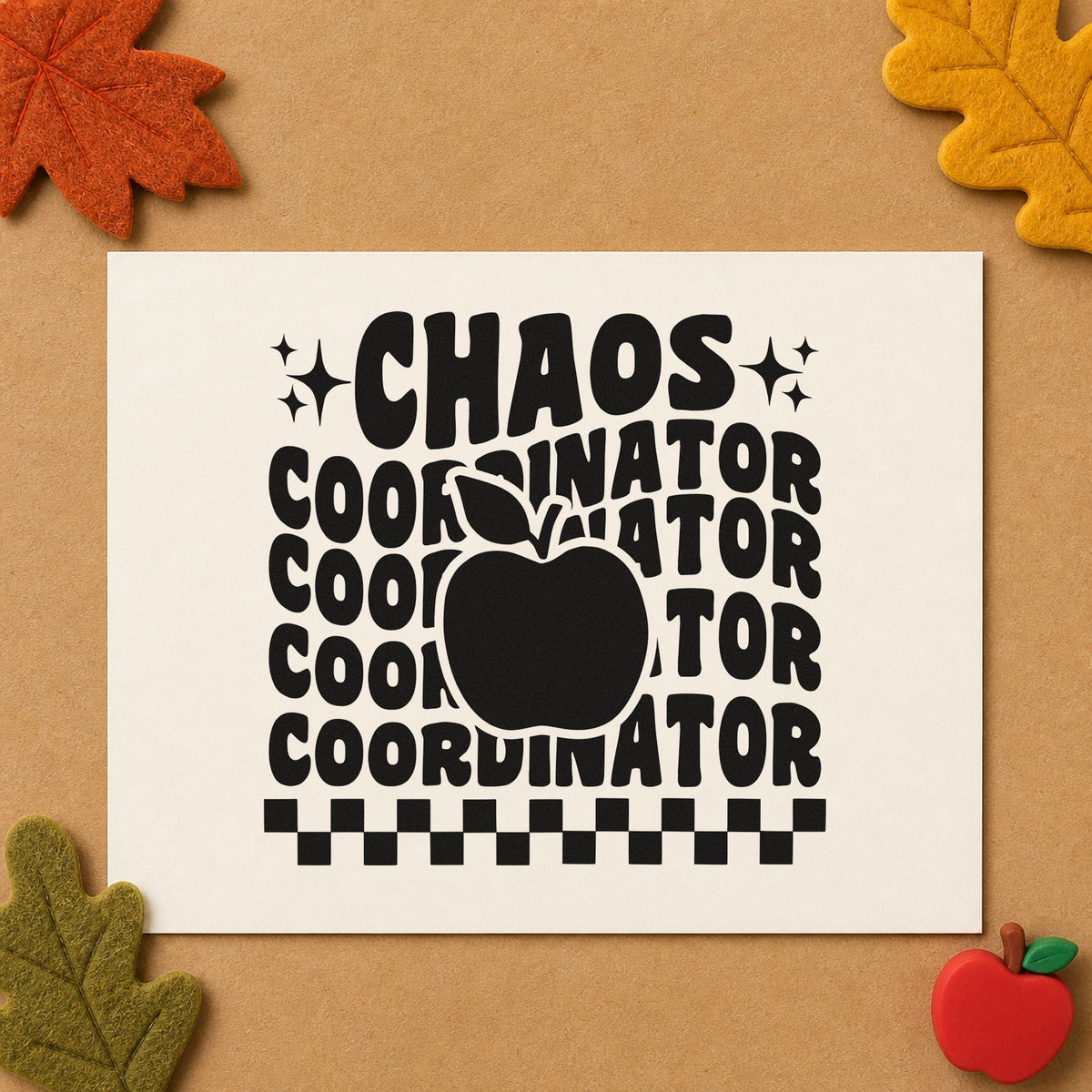 Chaos Coordinator Apple Repeat rubber stamp printed in black ink, ready for repeated rows cards and similar paper crafts.