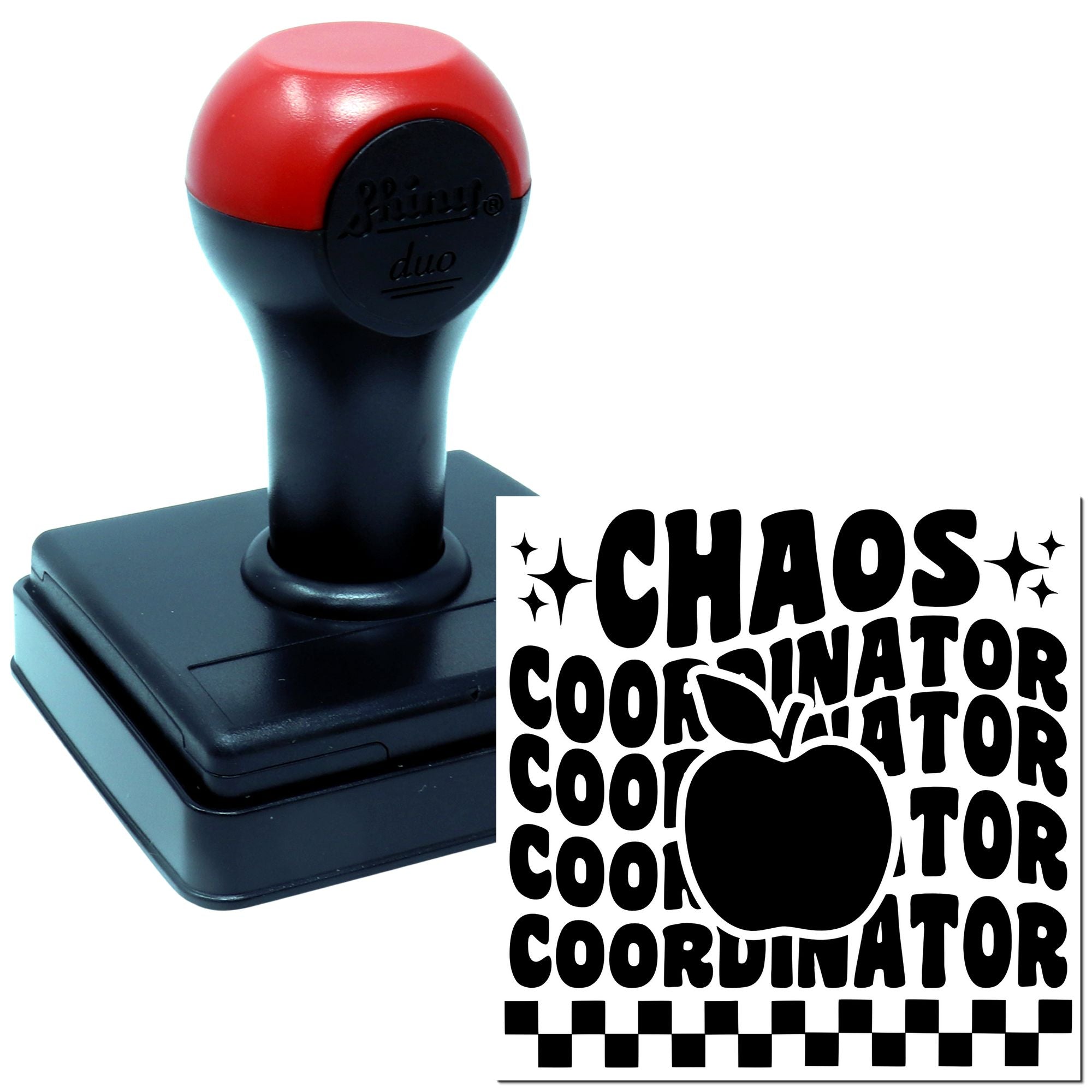 Custom rubber stamp with Chaos Coordinator design, shown on self-inking stamp handle and matching impression.