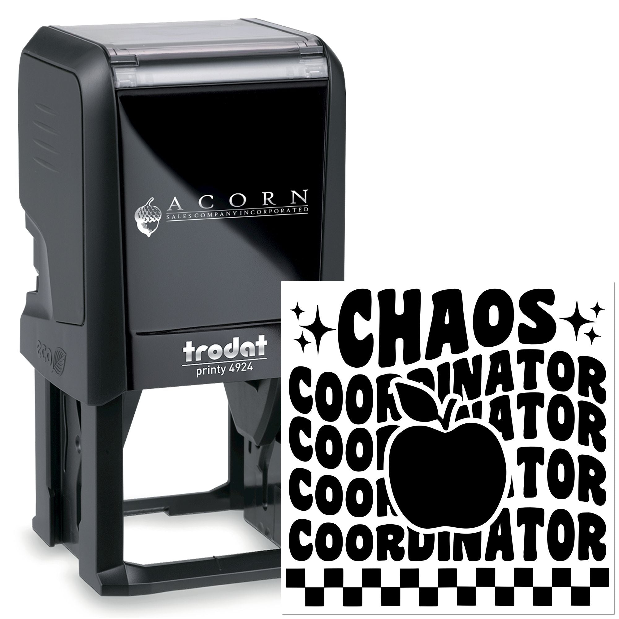Custom self-inking rubber stamp, Trodat Printy 4924, with Chaos Coordinator design and Acorn Sales Company logo.