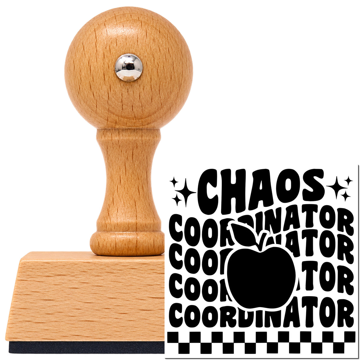 Chaos Coordinator Apple Repeat Lettering Vintage Pro rubber stamp in European beech wood with a round knob handle, shown beside its black imprint.