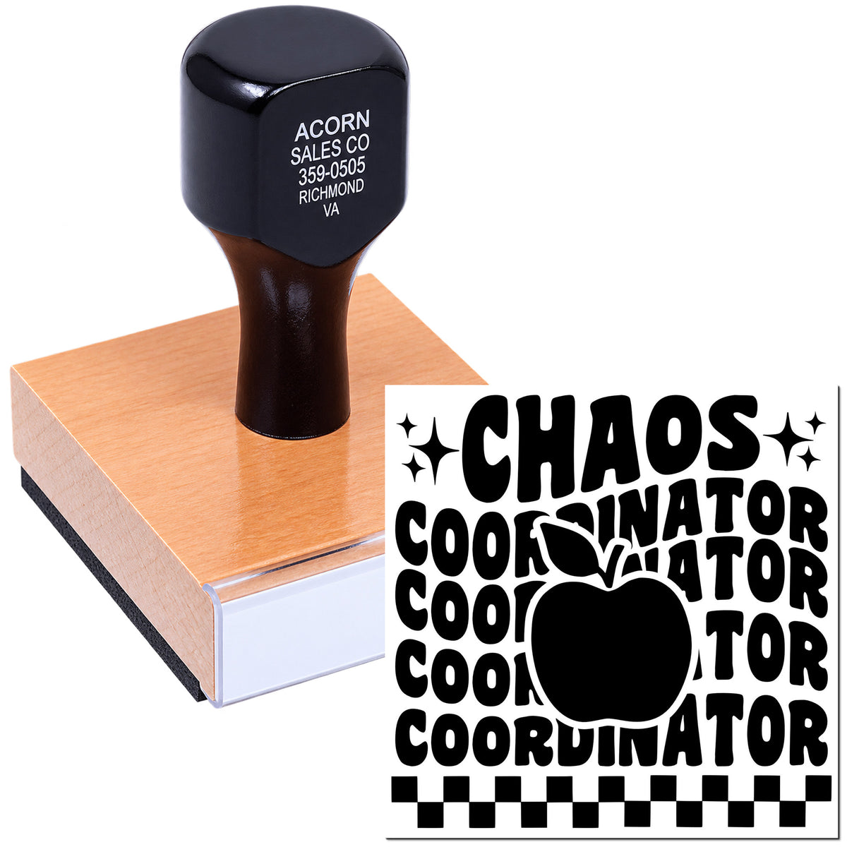 Custom rubber stamp featuring a Chaos Coordinator design for teachers, offices, and playful organization branding.