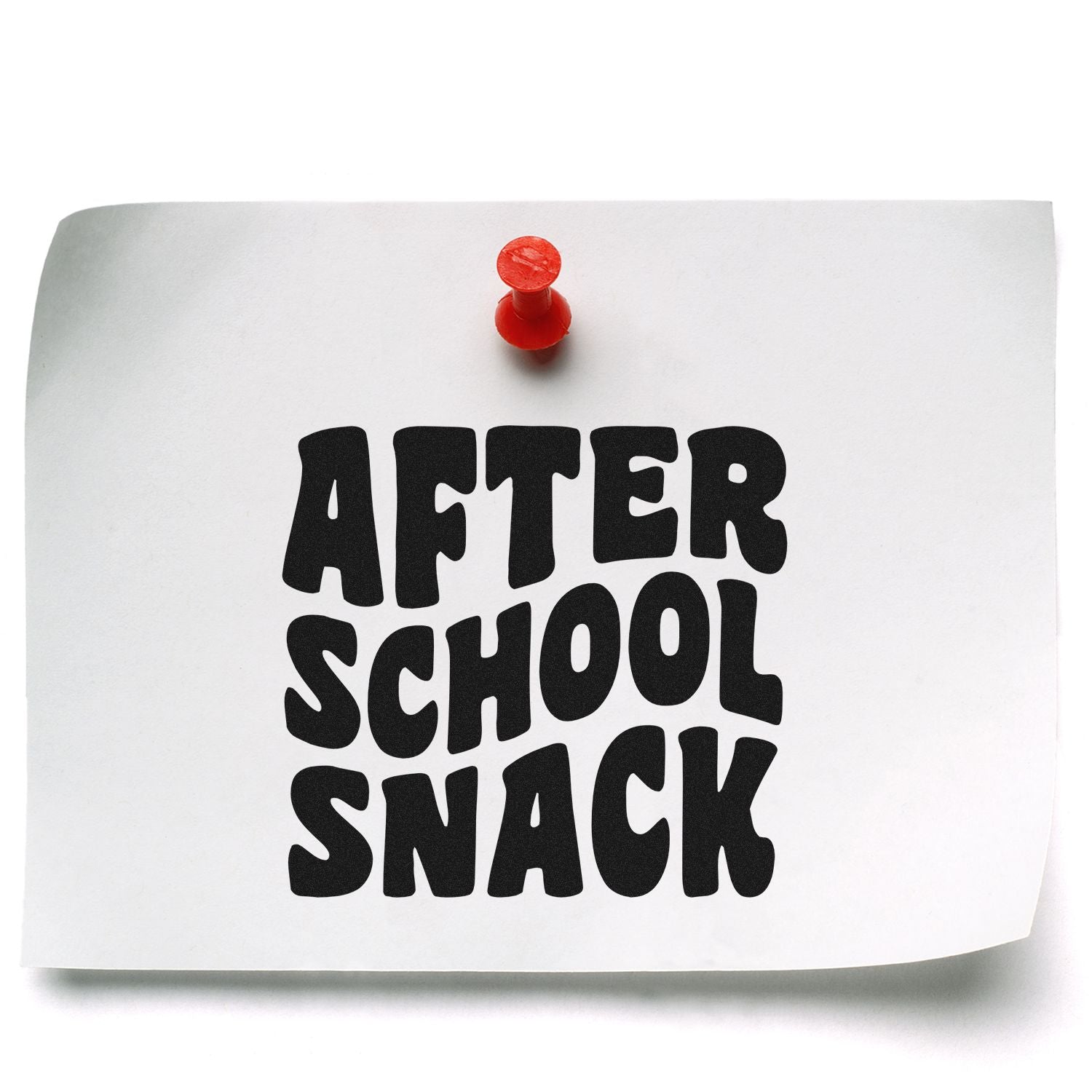 After School Snack rubber stamp design on a pinned note, ideal for labeling kids' treats or classroom snack time.