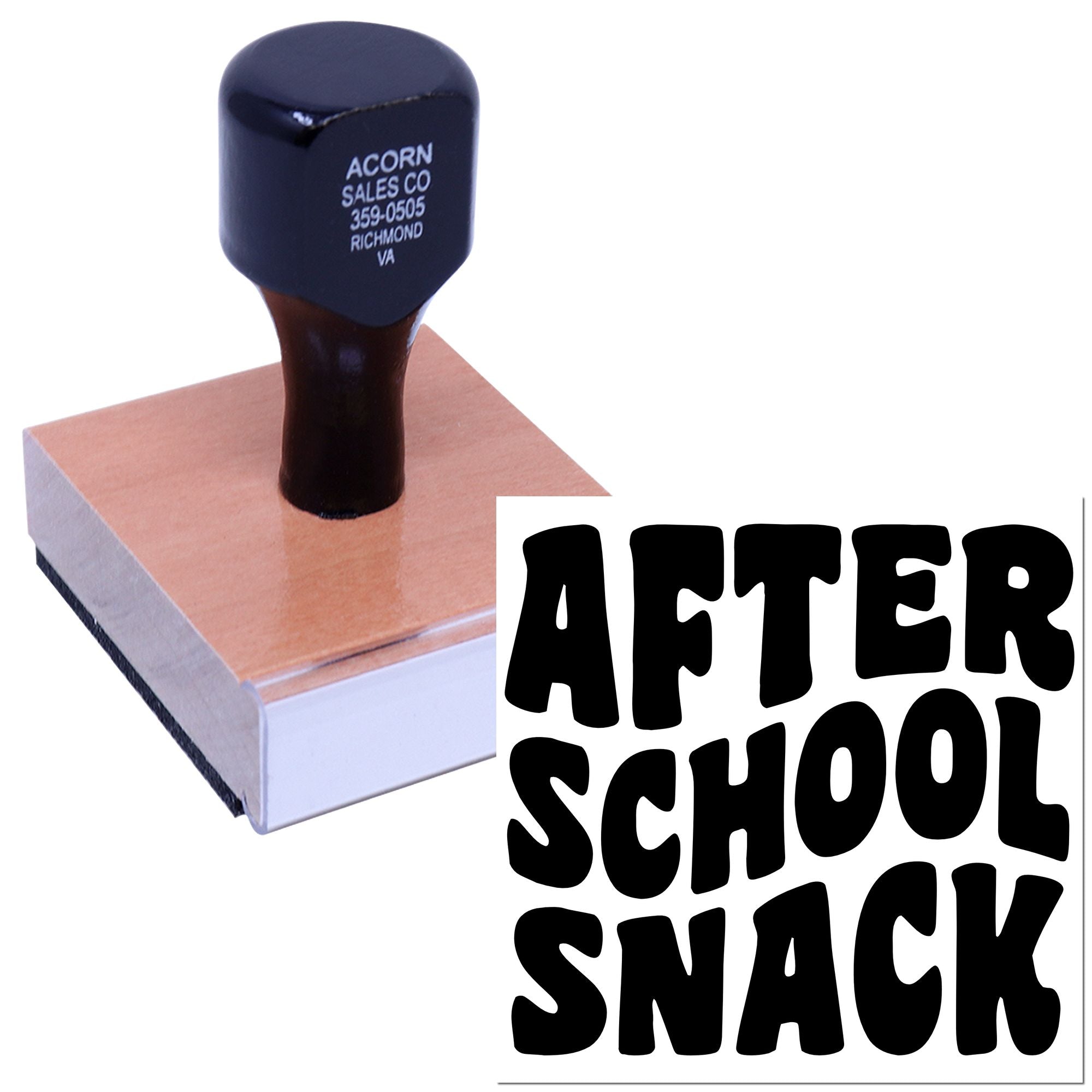 Custom After School Snack rubber stamp with self-inking handle for school lunch notes, packaging, and classroom crafts.