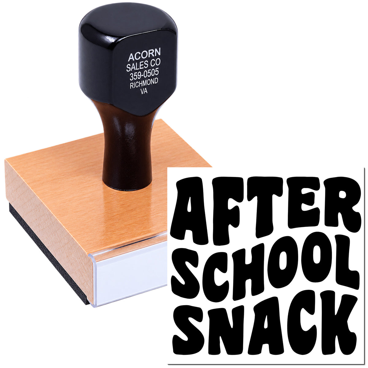 Custom After School Snack rubber stamp with self-inking handle for school lunch notes, packaging, and classroom crafts.