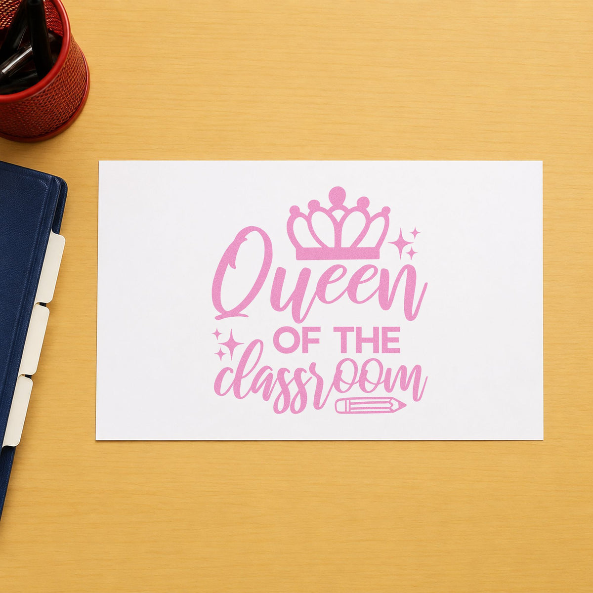 Queen Of The Classroom Crown craft stamp in purple ink on cardstock, an easy option for coronation tags.