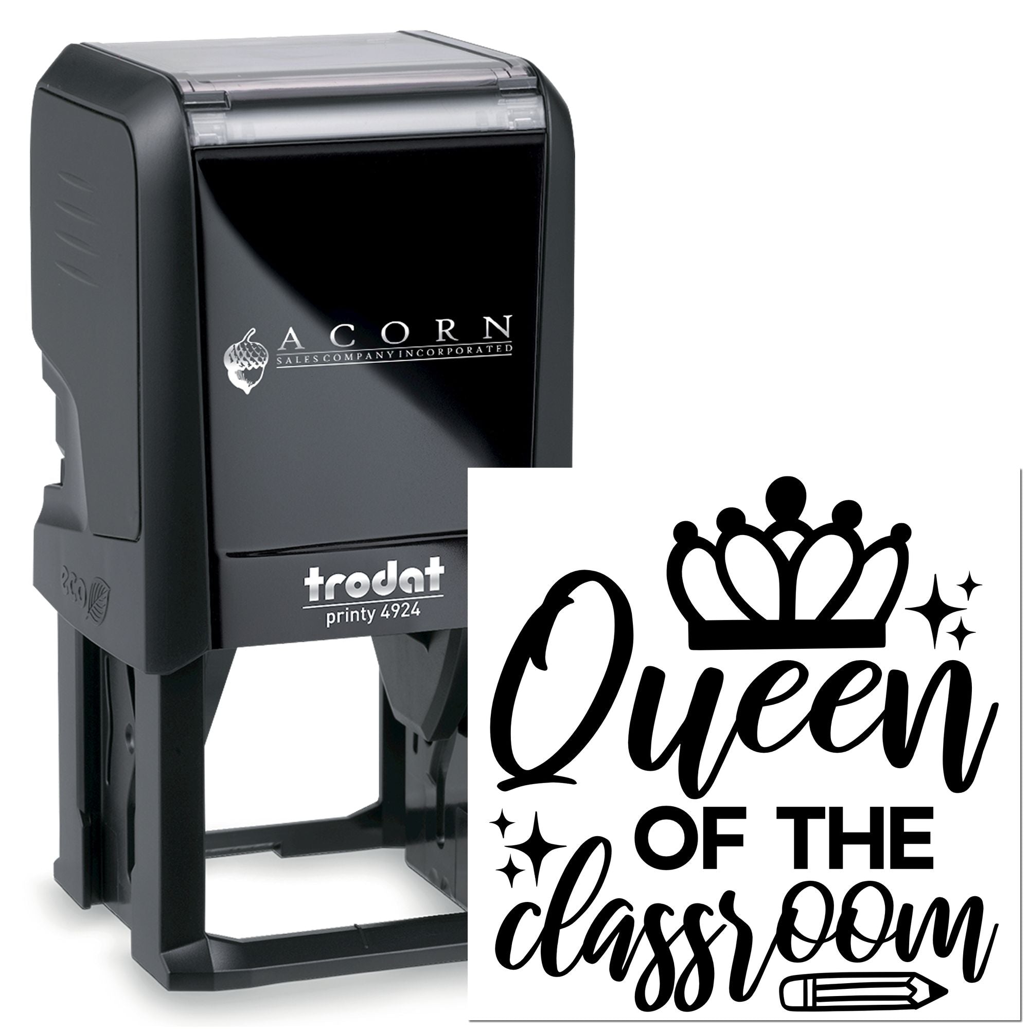 Teacher self-inking rubber stamp with Queen of the Classroom design for classroom rewards.
