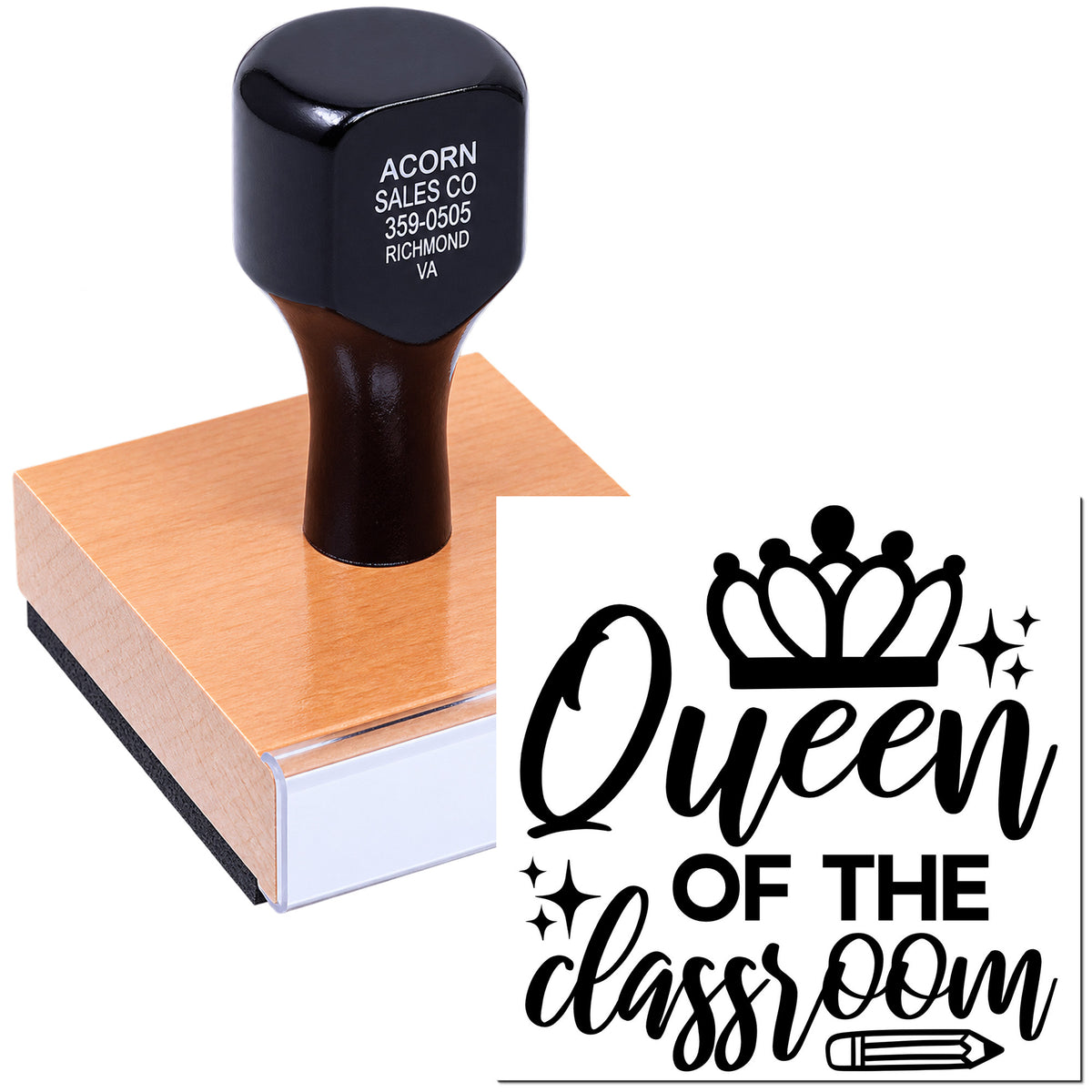 Queen of the Classroom rubber stamp with crown design, ideal for teacher rewards, classroom crafts, and school projects.