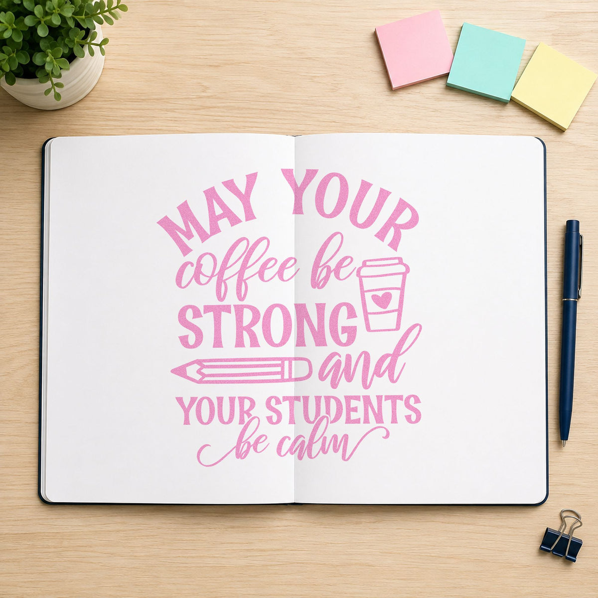 Strong Coffee Calm Students Cup craft stamp in purple ink on cardstock, an easy option for staff room tags.
