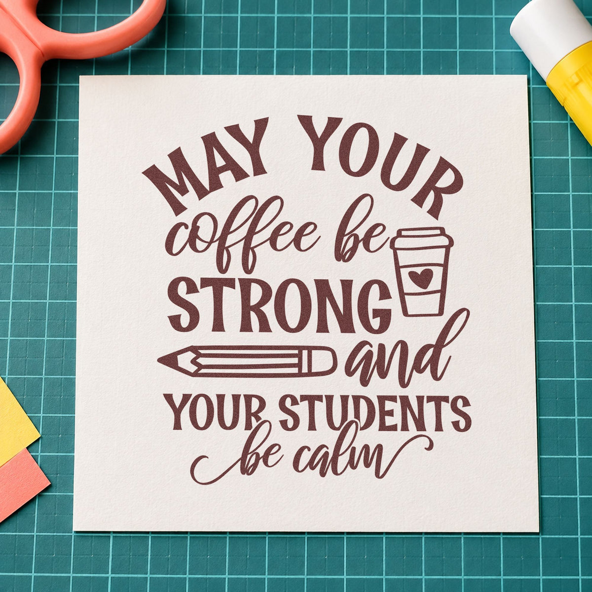 Strong Coffee Calm Students Cup rubber stamp printed in brown ink, ready for bean bag labels and similar paper crafts.