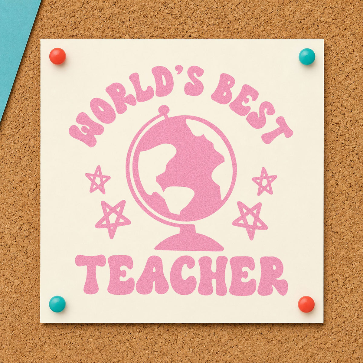 World's Best Teacher Globe craft stamp in purple ink on cardstock, an easy option for star chart tags.
