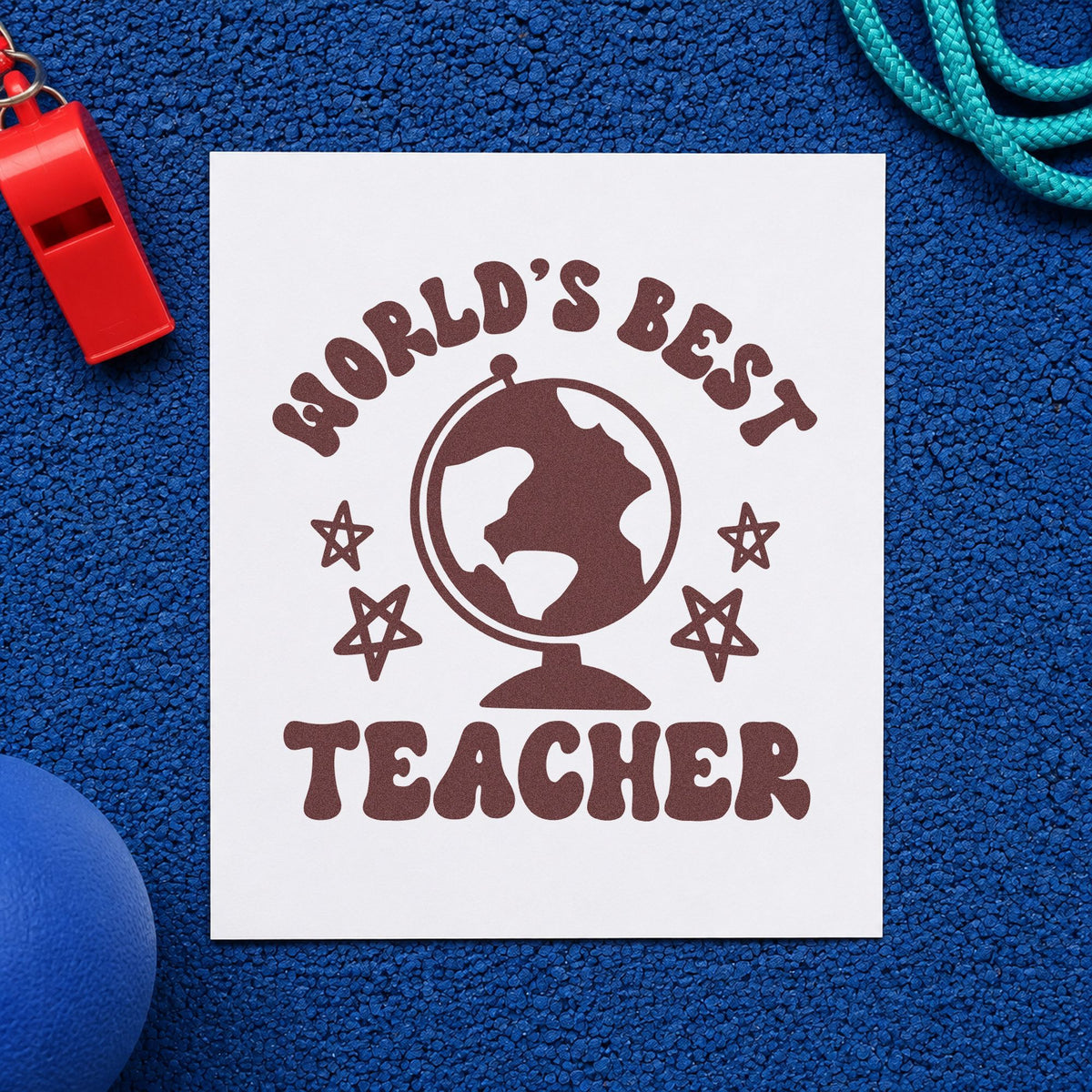 World's Best Teacher Globe rubber stamp printed in brown ink, ready for telescope box labels and similar paper crafts.